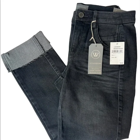 Wit & Wisdom Black glitter High Waisted Straight Leg Denim cuffed Jean - Picture 4 of 12